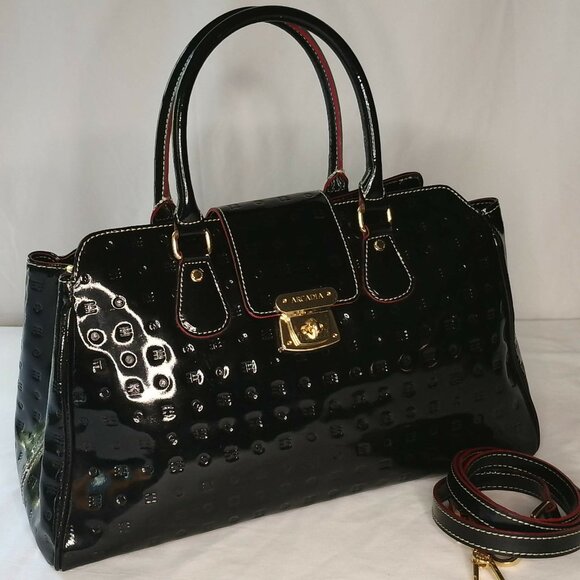 Arcadia Bugatti black patent leather with red trim top handle purse from Italy - Picture 1 of 10